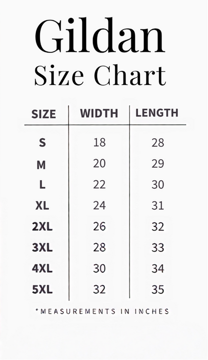 A size chart graphic for Gildan t-shirts showing a model wearing a white shirt with dashed measurement lines indicating width and length, alongside a size table from S to 5XL with measurements in inches.