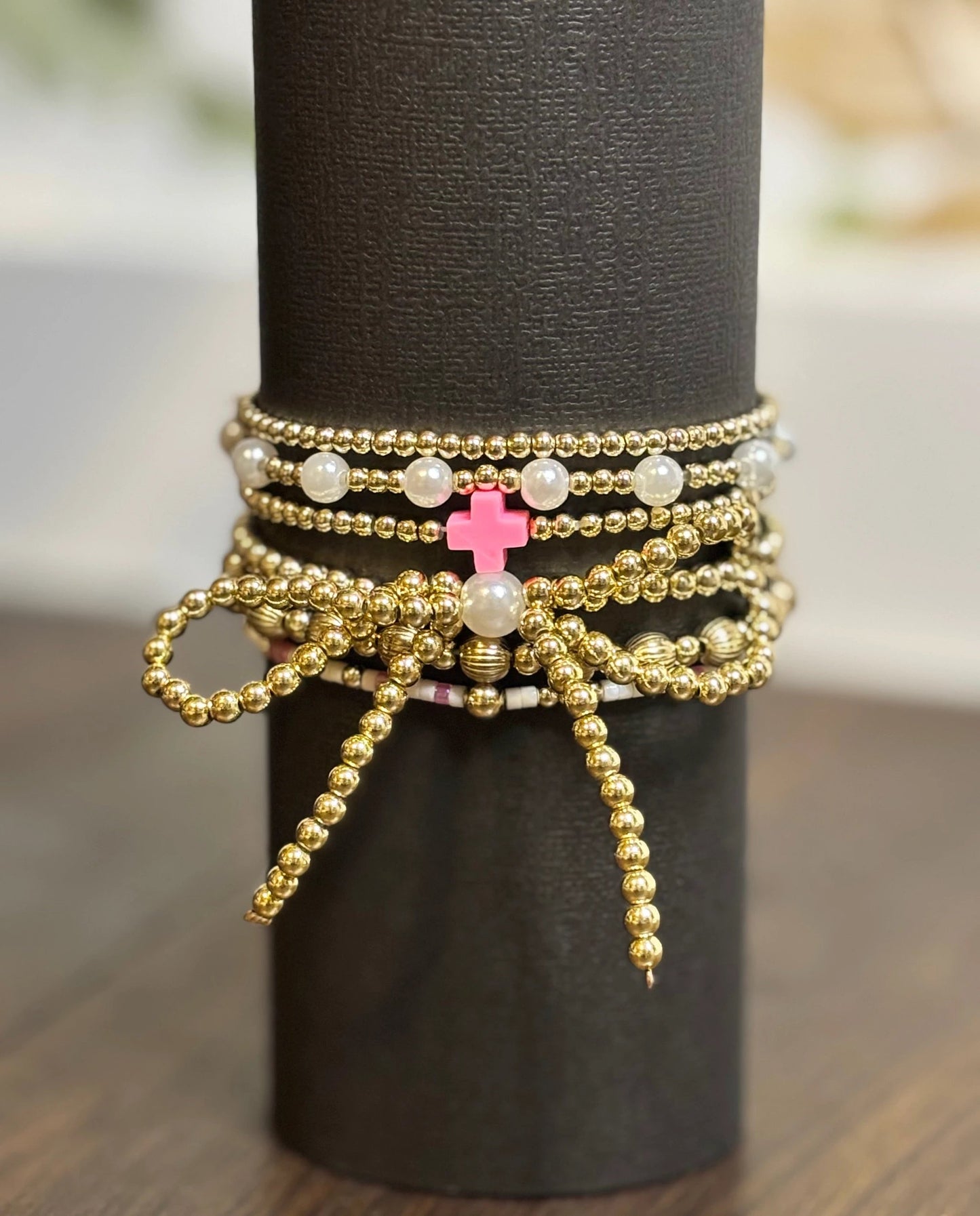 Blush Bow & Pearl 7-Piece Beaded Bracelet Set by Little Daisy Closet