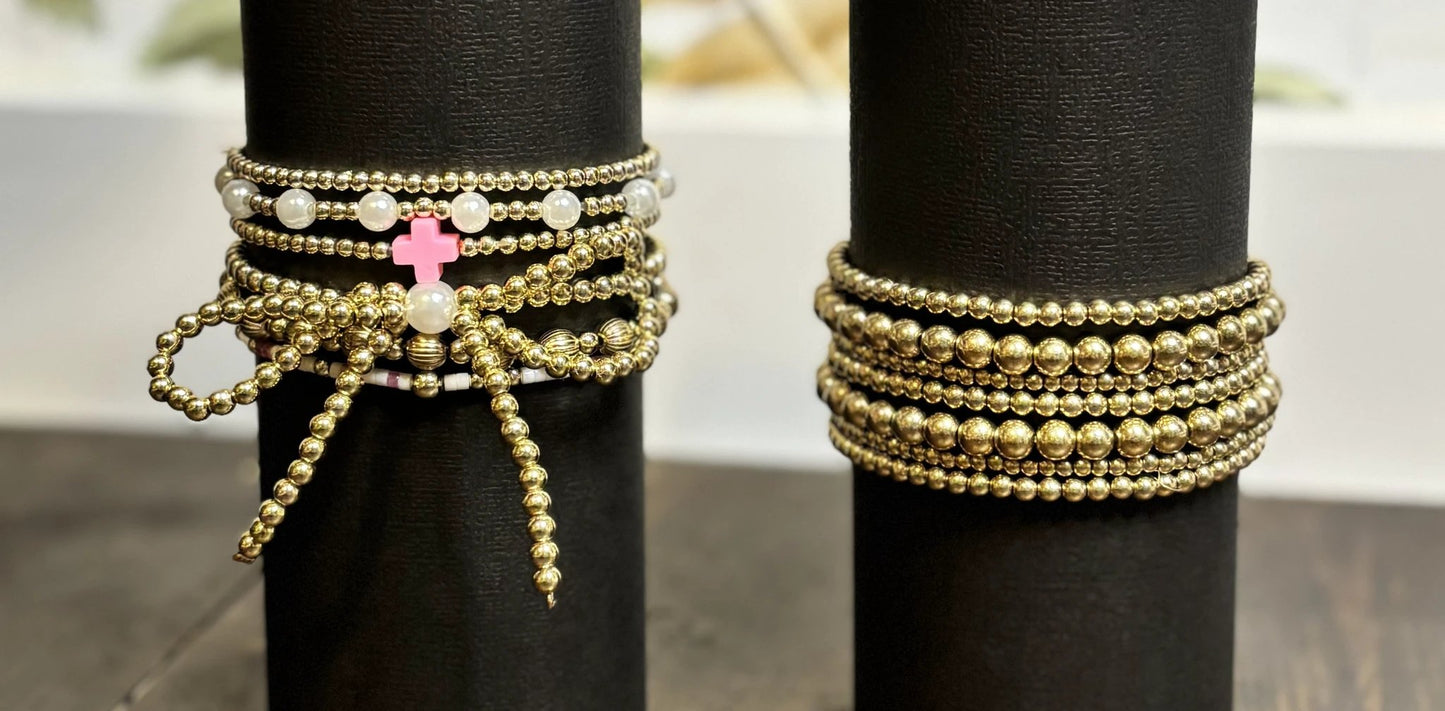 Blush Bow & Pearl 7-Piece Beaded Bracelet Set by Little Daisy Closet