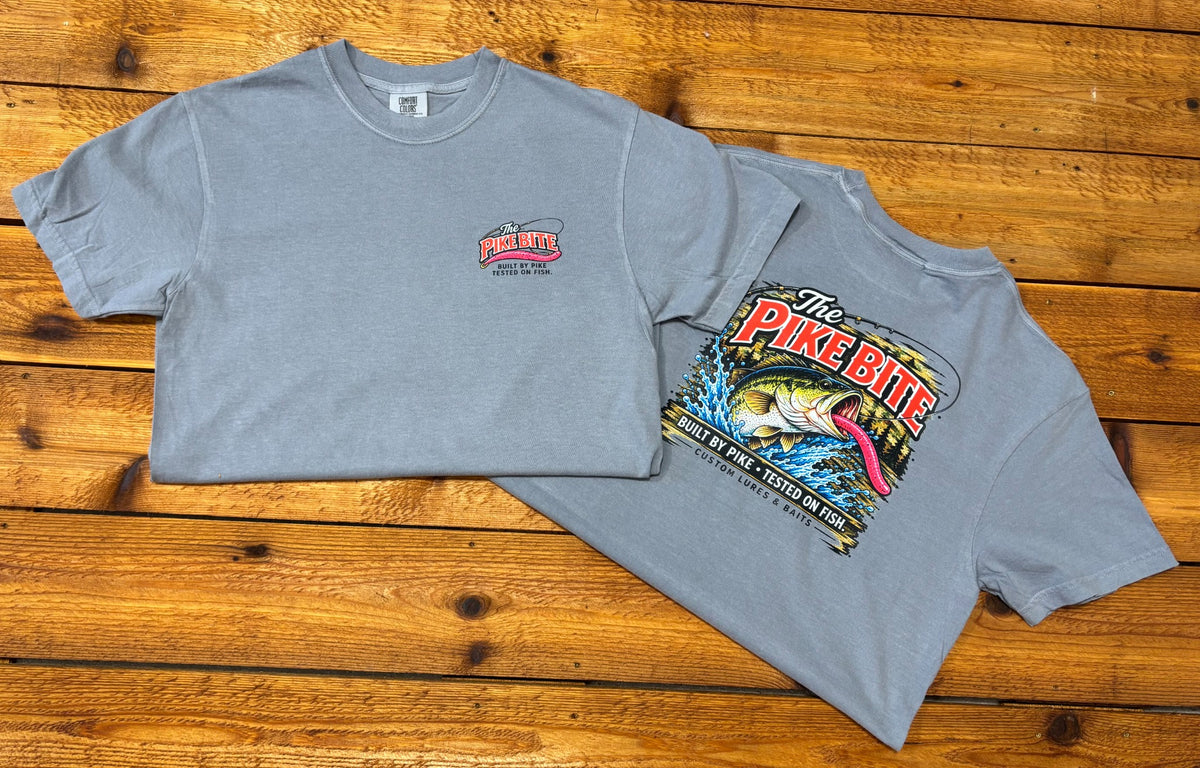 Blue-gray business logo T-shirts showing a small chest logo and large fishing-themed back design.