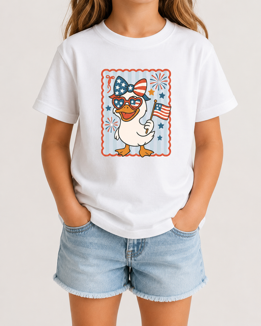 Patriotic Duck Kids T-Shirt | 4th of July Youth Tee | Stars & Stripes Duck Graphic