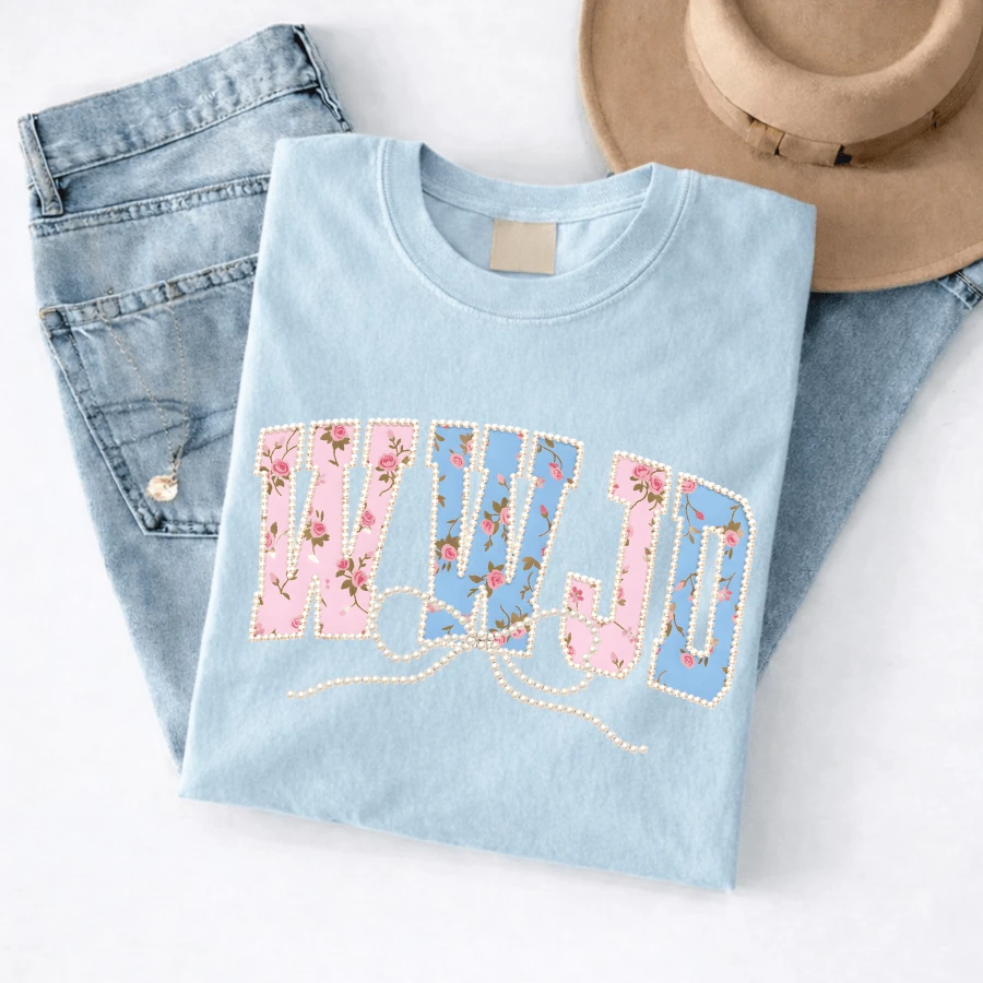 WWJD Floral Bow Tee (Pearl-Accent Look) by A&H Creative Co.