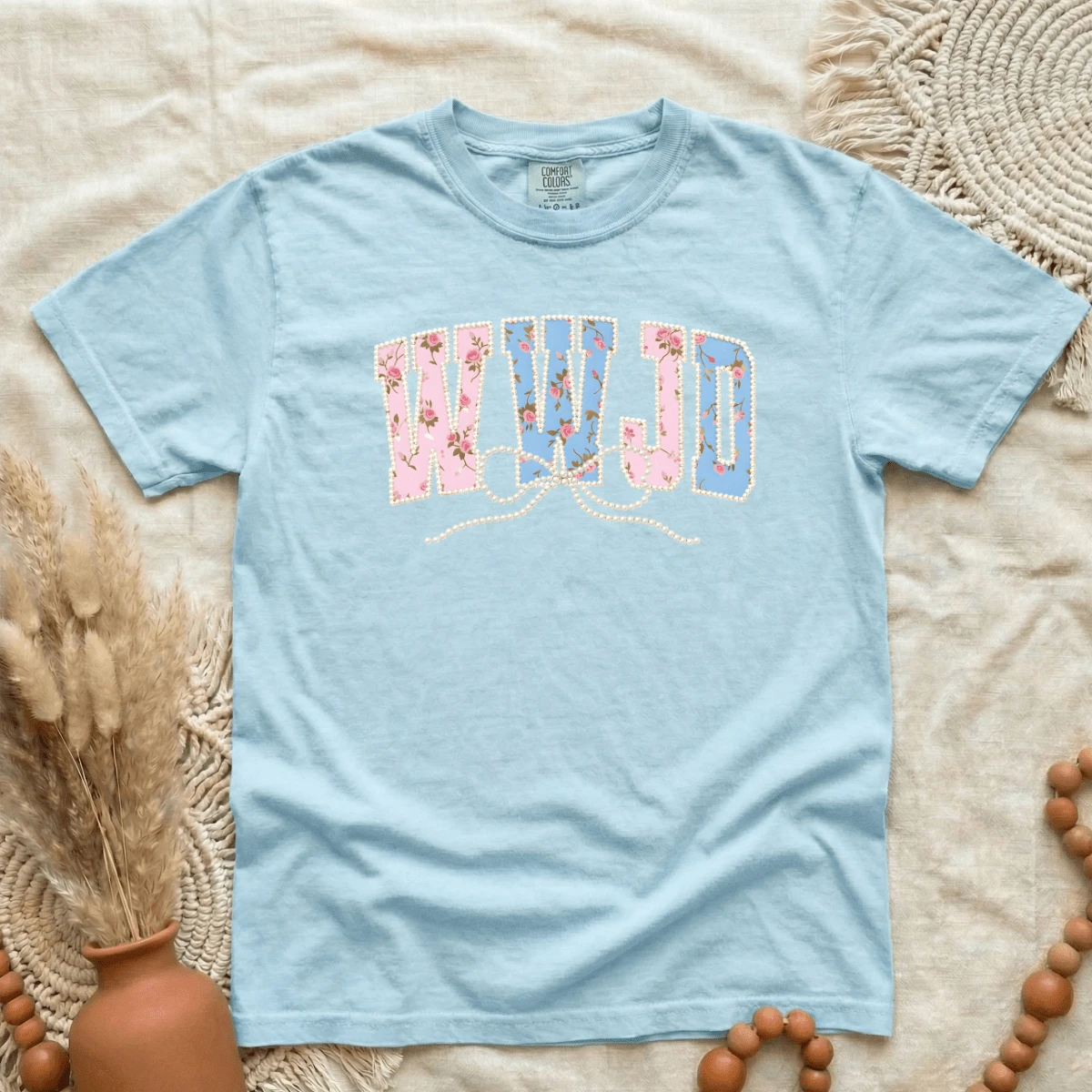 WWJD Floral Bow Tee (Pearl-Accent Look) by A&H Creative Co.