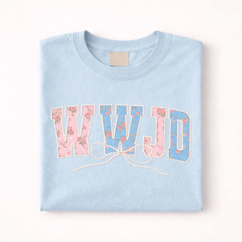 WWJD Floral Bow Tee (Pearl-Accent Look) by A&H Creative Co.