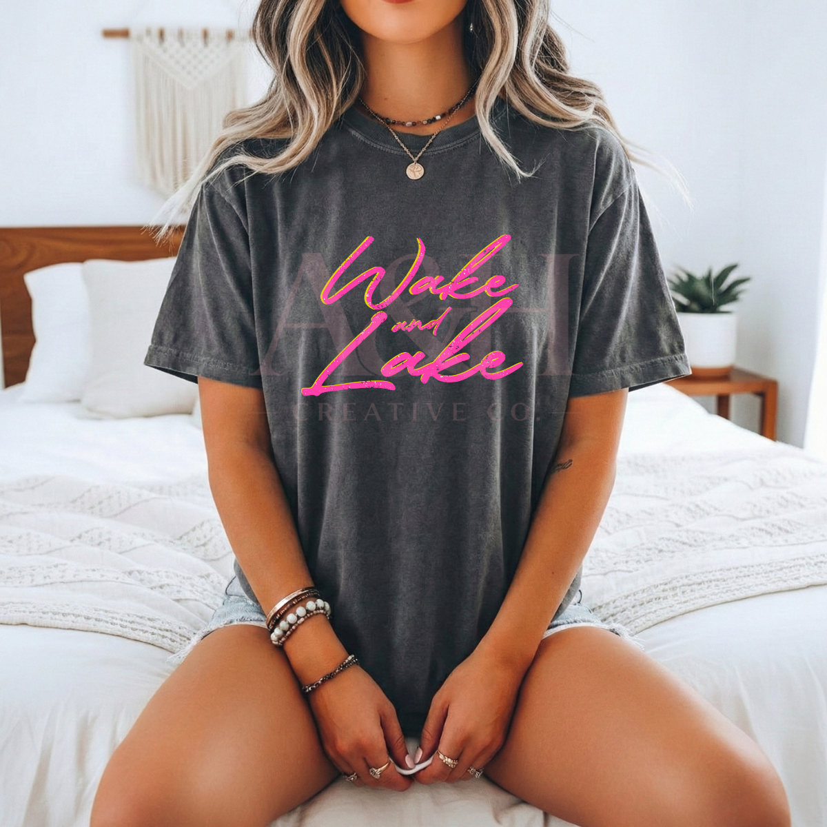 Wake & Lake Script Tee | Charcoal Graphic T-Shirt | Lake Life Shirt