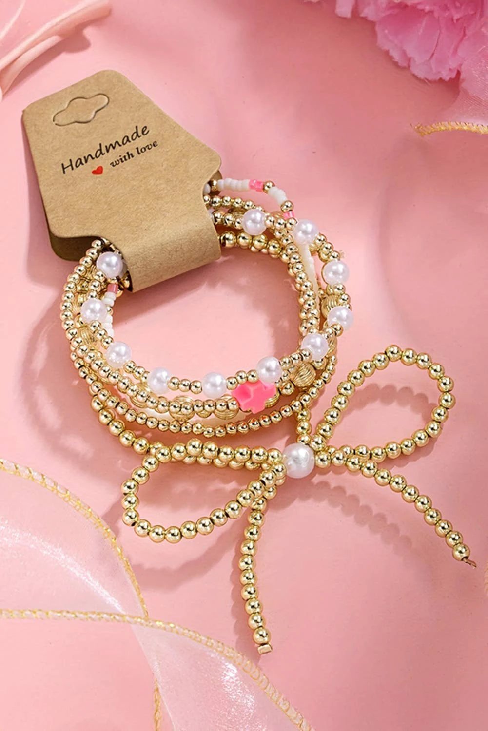 LDC Bow Knot Pearl Decor Beaded Plated Layered Bracelet: Gold by Little Daisy Closet