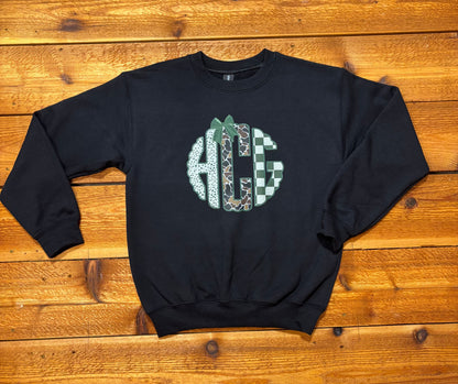 blackcrewnecksweatshirtwithcustomcamo_leopardandcheckeredmonogramHCGwithgreencoquettebow