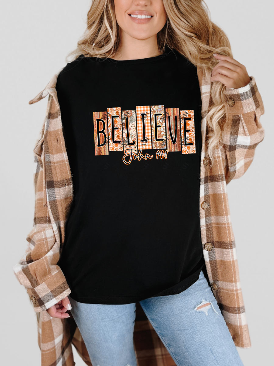 Black Christian graphic tee with fall patterned BELIEVE design and John 14:1 scripture