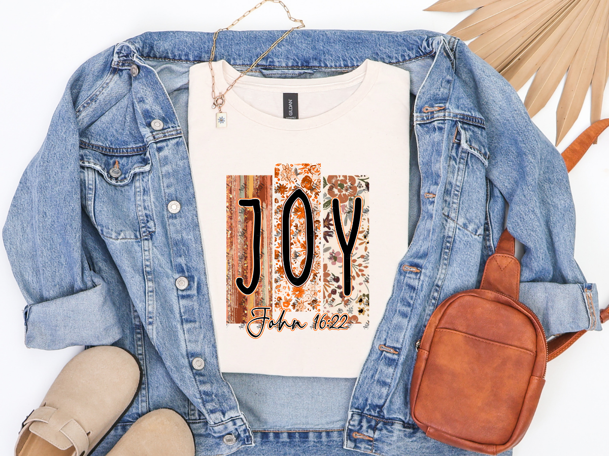Natural Christian graphic tee with fall floral JOY design and John 16:22 scripture