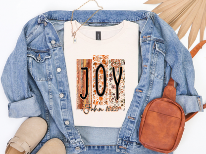 Natural Christian graphic tee with fall floral JOY design and John 16:22 scripture