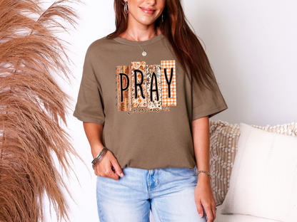 Brown Christian graphic tee with fall patterned PRAY design and Colossians 4:2 scripture