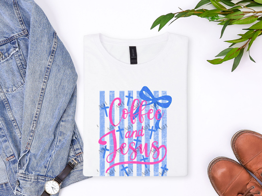 White Coffee and Jesus Christian graphic tee featuring pink script, distressed blue stripes, crosses, and a bow