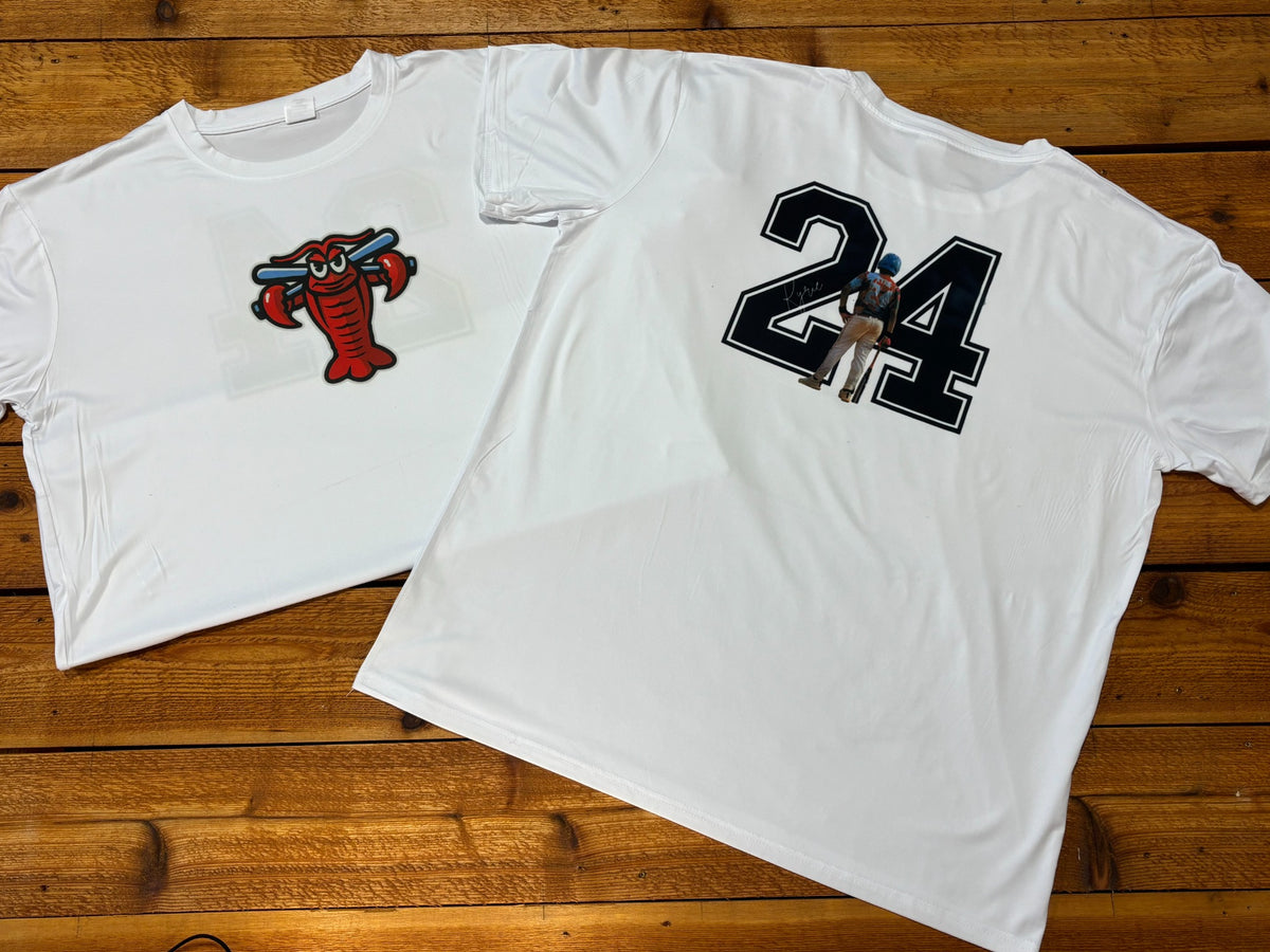 Custom white baseball tee showing a lobster mascot chest logo on the front and a large navy number 24 with player photo on the back