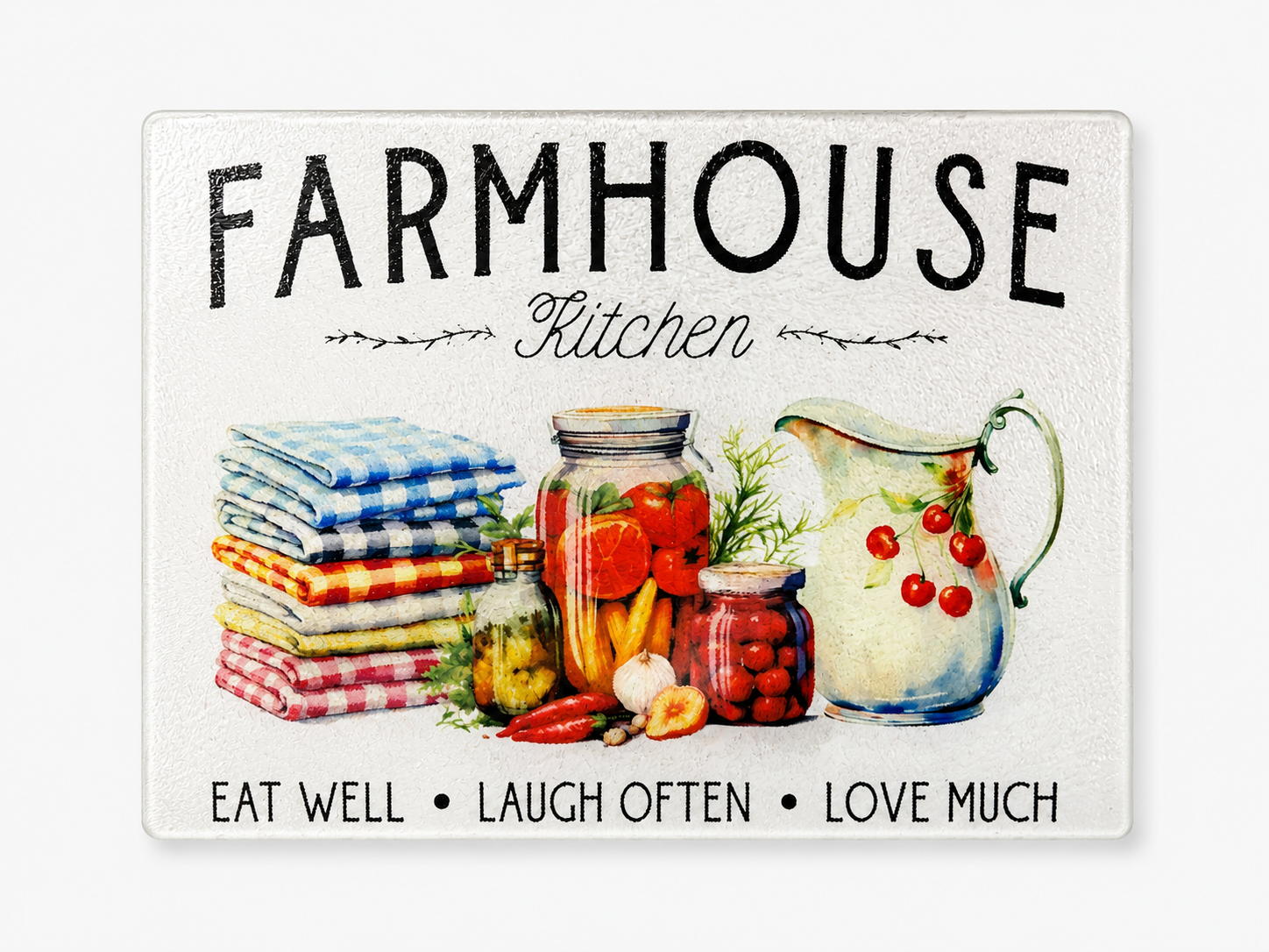 Farmhouse kitchen tempered glass cutting board featuring watercolor mason jars, vintage linens, fresh vegetables, and rustic kitchen décor.
