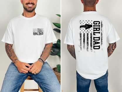 White Girl Dad graphic tee with distressed American flag pocket design featuring bows and bold black lettering.