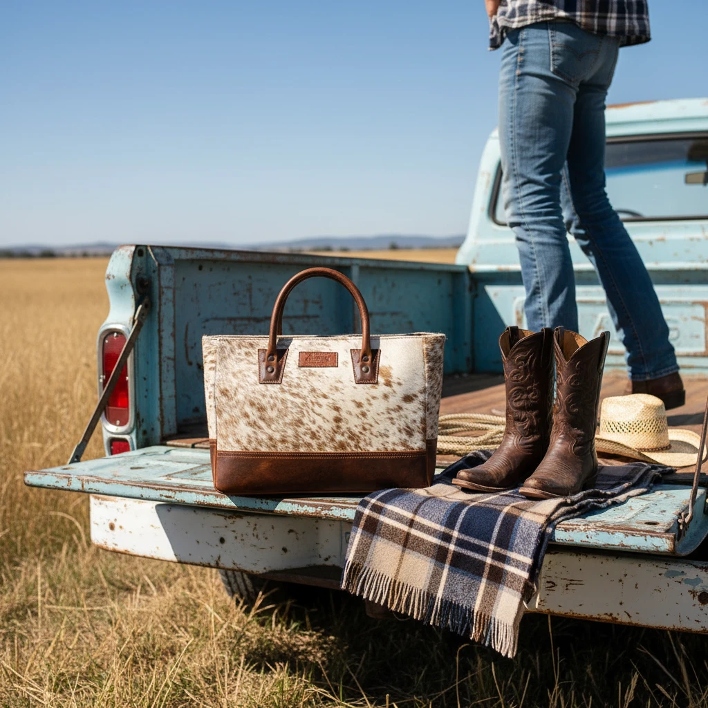 Genuine hair-on cowhide leather tote bag with brown full-grain leather trim and handles featuring a unique natural western hide pattern.