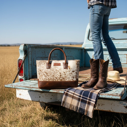 Genuine hair-on cowhide leather tote bag with brown full-grain leather trim and handles featuring a unique natural western hide pattern.