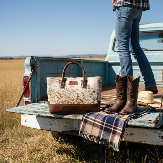 Genuine hair-on cowhide leather tote bag with brown full-grain leather trim and handles featuring a unique natural western hide pattern.