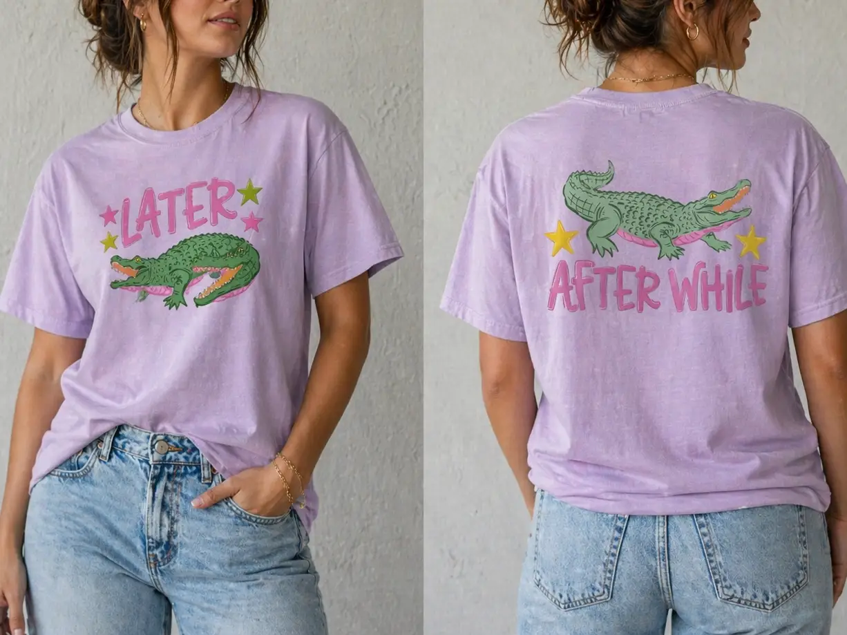 Front and back views of a lavender Later Alligator, After While Crocodile graphic tee with colorful alligator designs