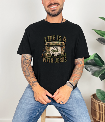 Smiling man wearing black t-shirt with camo cooler, fishing rod, and bass cap design that says Life Is a Little Cooler With Jesus