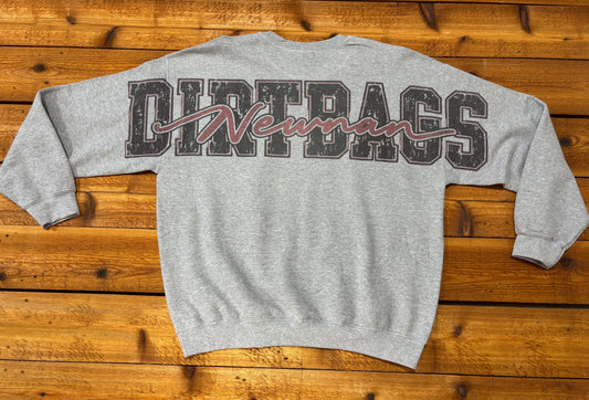 Back of a gray team sweatshirt with distressed DIRTBAGS lettering and burgundy Newnan script across the shoulders.