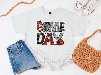 Ash Game Day football graphic tee with red bows, checkerboard lettering and a coordinating pom-pom.