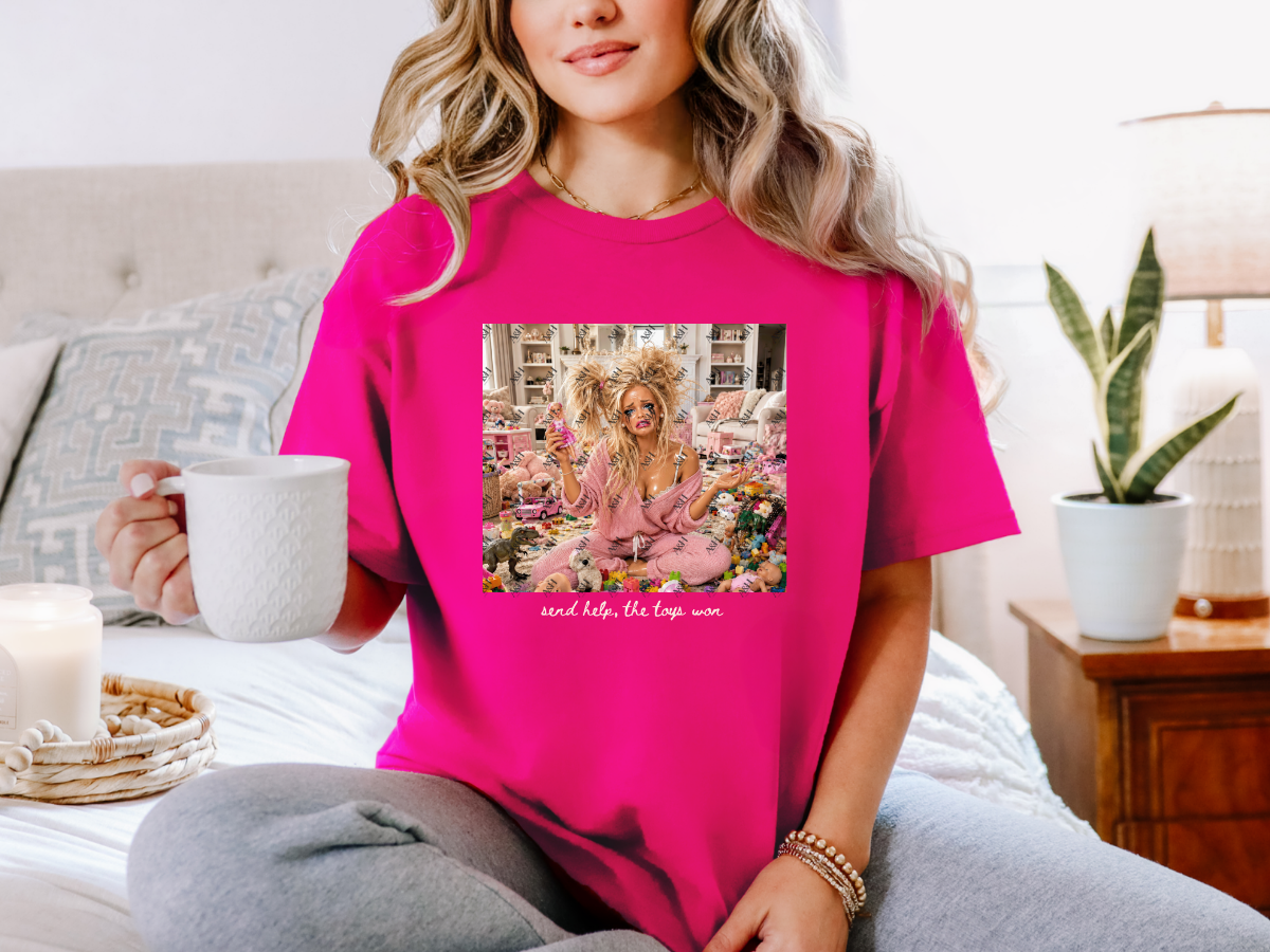 Heliconia pink funny mom graphic tee featuring Send Help The Toys Won motherhood design
