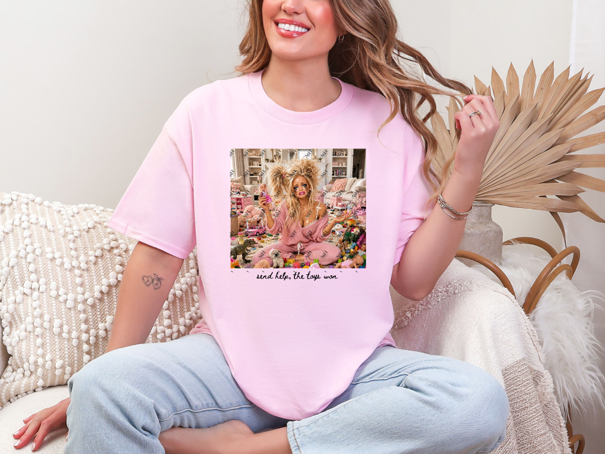 Light pink funny mom graphic tee featuring Send Help The Toys Won motherhood design