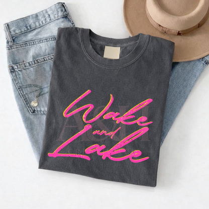 Wake & Lake Script Tee | Charcoal Graphic T-Shirt | Lake Life Shirt
